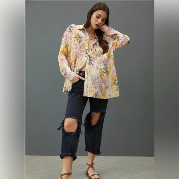 PILCRO by ANTHROPOLOGIE Smocked Buttondown in Pink Combo - Picture 3 of 10